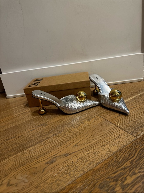 JW PEI Shoes - JW PEI Silver Woven Pointed Mule with Gold Orb Heel